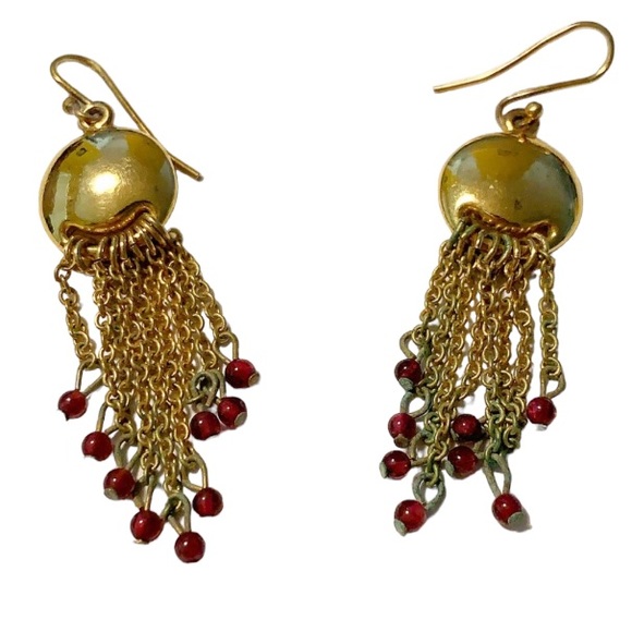 Vintage Jewelry - Vintage gold red beaded tassel earrings